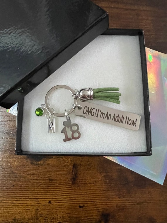 PERSONALISED Initial Letter Charm OMG I’m An Adult Now 18th Eighteen Key Ring Gift Box Keepsake Novelty Fun Birth Colour Crystal Gem Tassel