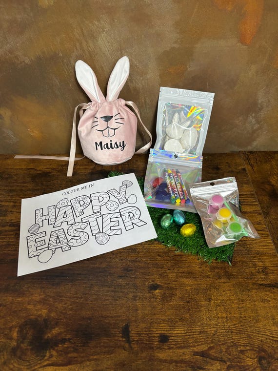 PERSONALISED Name BUNNY RABBIT Blue Or Pink Pouch Drawstring Gift Bag Painting Set Clay Chalk Moulds Fun Colouring Easter Printed Face Ears