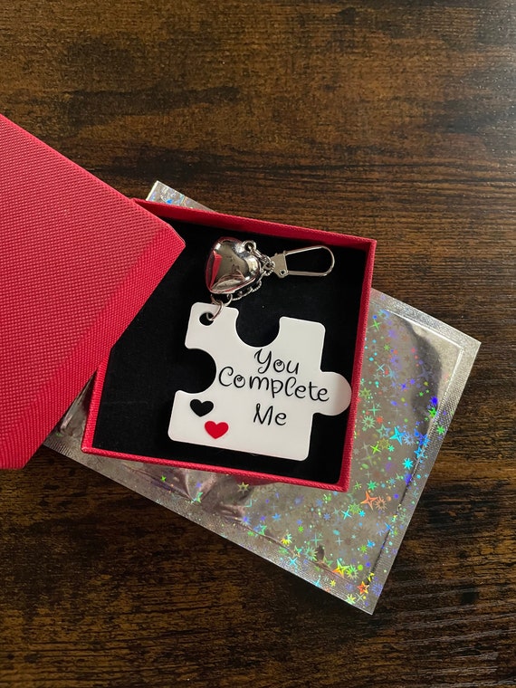 YOU COMPLETE ME jigsaw puzzle piece key ring charm gift boxed set personalised initials on the back valentines birthday for loved one vinyl