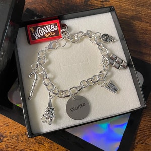 Bracelet pendentif à breloques barre Willy WONKA chocolat Umpa Lumpa, souvenir inspiré du film souvenir tibétain en métal argenté, cadeau en boîte, bâton fantaisie fantaisie