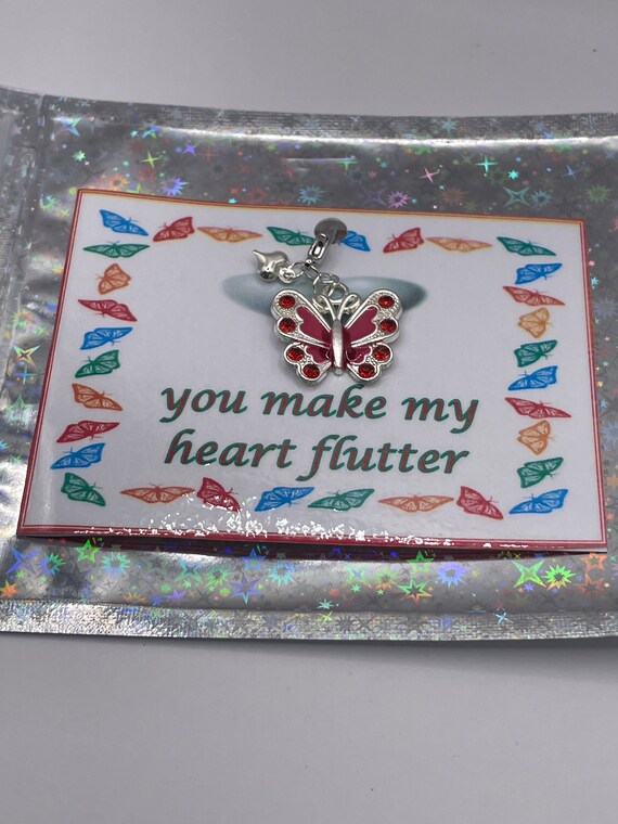 You Make My Heart Flutter Key Charm Pendant Lobster Clasp Valentine Birthday Any Occasion Card Keepsake Fun Quirky Set Shimmer Gift Bag Love