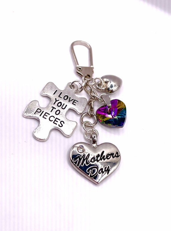 Mother’s Day I Love You To Pieces Crystal Rhinestone Heart Pendant Charm Jigsaw Piece Heart Set Key Ring Bag Set Mum Etc Gift Boxed Fab Love