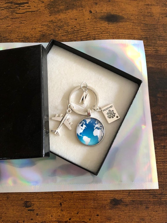 Personalised Initial Letter Travel Plane Passport Globe Key Ring Bag Charm Cabochon Compass Good Luck Travels Job Fun Novelty Quirky Boxed