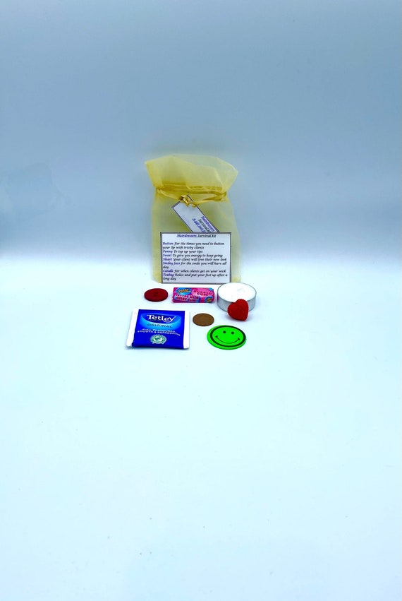 HAIR DRESSERS Survival Kit Fun Novelty Gift Present Birthday Thank You Greeting Cards Unique Quirky Colour Organza Bag Smiles Heart Button
