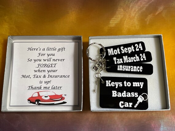 Never forget your CARS Insurance Tax Mot key charm set you choose colour style etc dad mum brother etc keepsake gift boxed set keys car