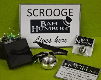 BAH HUMBUG Christmas Non Jingle Bell Grumpy People Scrooge Gift Boxed Believe Polar Express Style Bell Humbug Sweet Card Black Ribbon