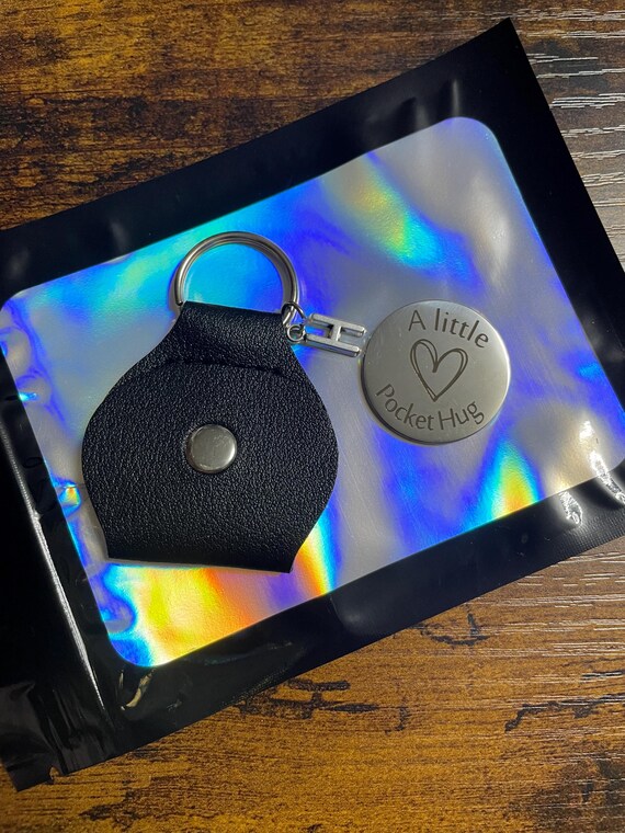 Personalised Initial Letter POCKET HUG Stainless steel Charm Leather Pouch Keyring Set I’m Always With You Double Sided Shimmer Bag Keepsake