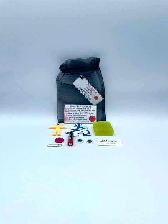 CONTROL FREAK BOSSY Survival Kit Fun Novelty Gift Present Greeting Cards Unique Quirky Colour Organza Bag Battery Eyes Jigsaw Stretchy Man