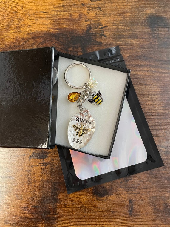 QUEEN BEE Key Ring Or Bag Charm Pendant Bees Flowers Rhinestone Yellow Charm Mothers Day Birthday Mum Girlfriend Nan Keepsake Box Quirky Fun