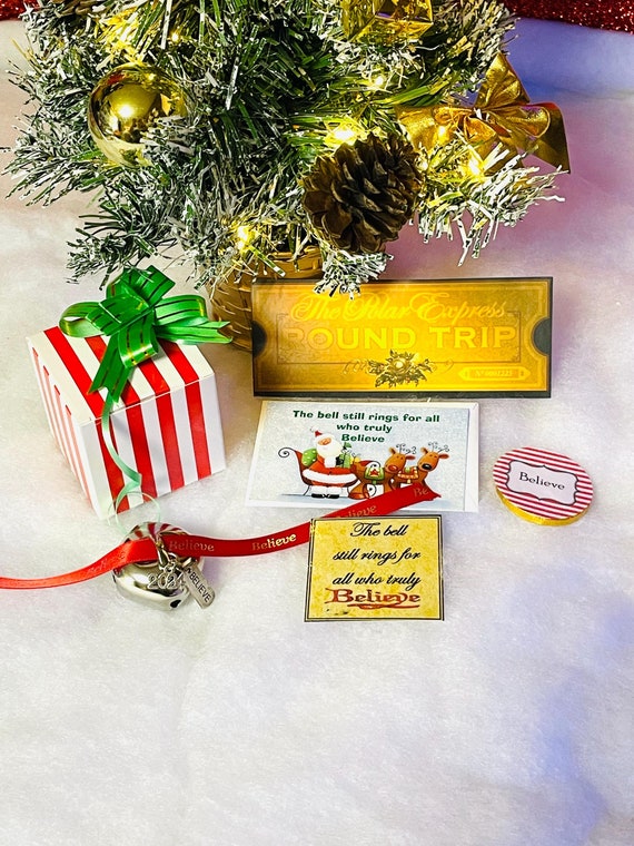 Believe Polar Express Style Sleigh Santa Father Christmas LARGE 3.5cm Gold Or Silver Jingle Bell red stripe box green bow Chocs Ticket card