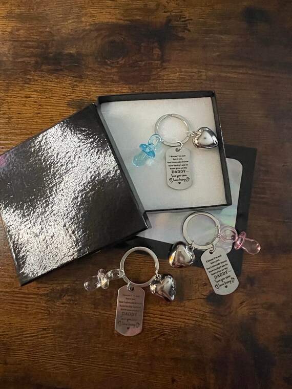 See You Soon DADDY From Bump Heart Dummy Key Ring Charm Pendant Pink Blue Clear Lucky Dad To Be Baby Feet Engraved Gift Box Bag Fathers Day