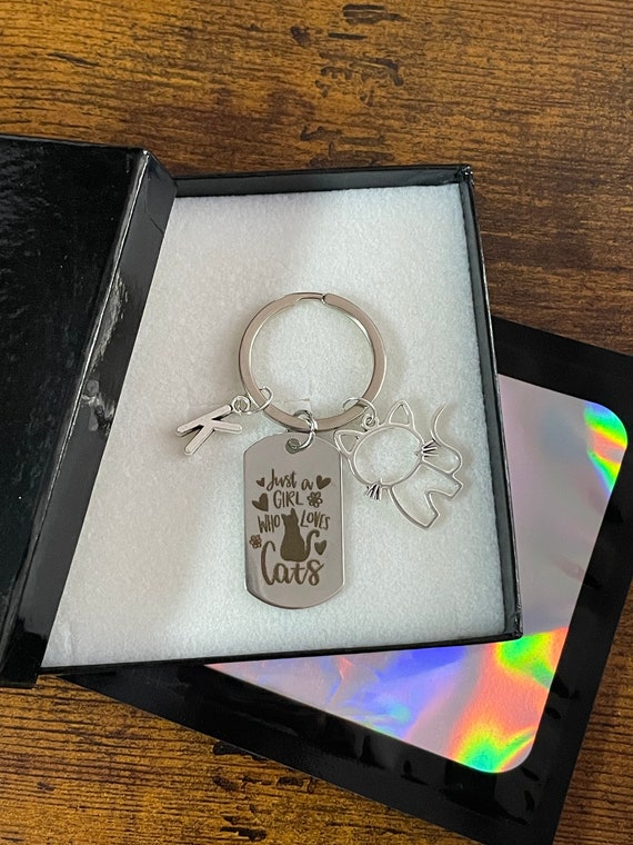 Just A Girl Who Loves CATS Key Ring Personalised Initial Letter Gift Charm Keepsake Fun Novelty Pet Lover Any Occasion Gift Box Shimmer Bag