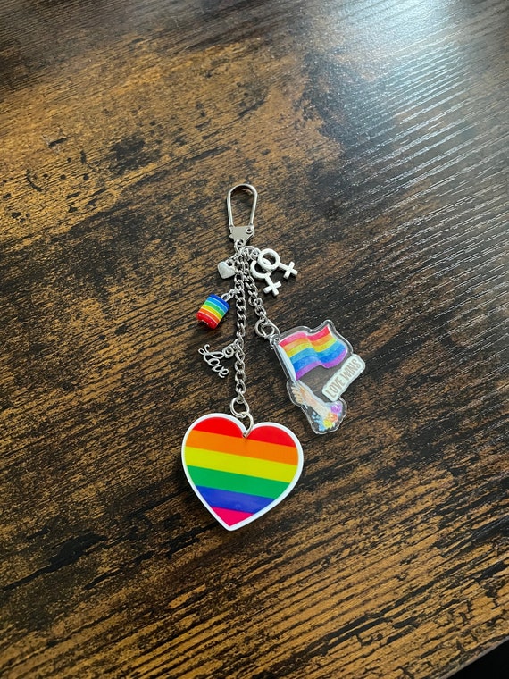 Love Wins Gay Pride LGBTQ Double Key Chain Charm Pendant Keepsake Rainbow Heart Set Male Female Symbols Love Beads Valentine Any Occasion