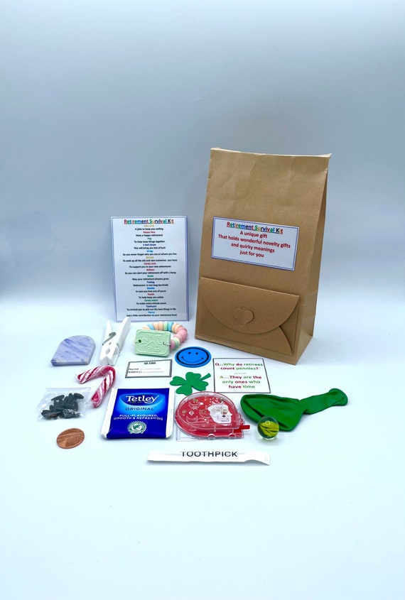 RETIREMENT Novelty Survival Quirky Fun Kit Gift Set Meanings Smiley Face Balloon Tea bag Candy Cane Peg Jokes Candy Watch Clover Items