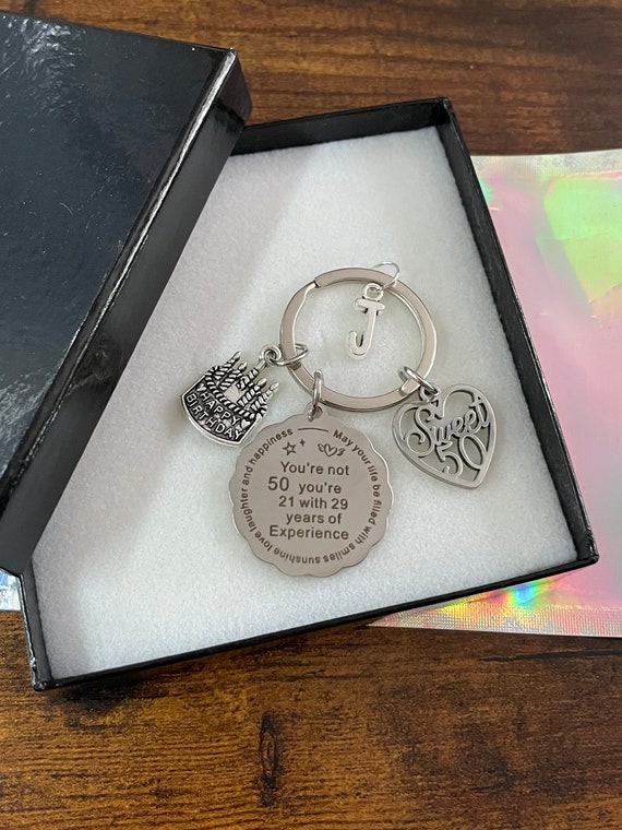 PERSONALISED Initial Letter SWEET 50 Fifty BIRTHDAY Key Or Bag Charm Set 21 With 29 Years Experience Cake Engraved Gift Box Bag Novelty