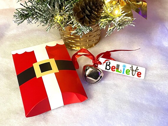 Silver Rose Gold Look Santa Jingle Bell And Believe Tag With Red Ribbon Santa Gift Box Christmas Eve Lost Reindeer Bell Keepsake Tree Decks
