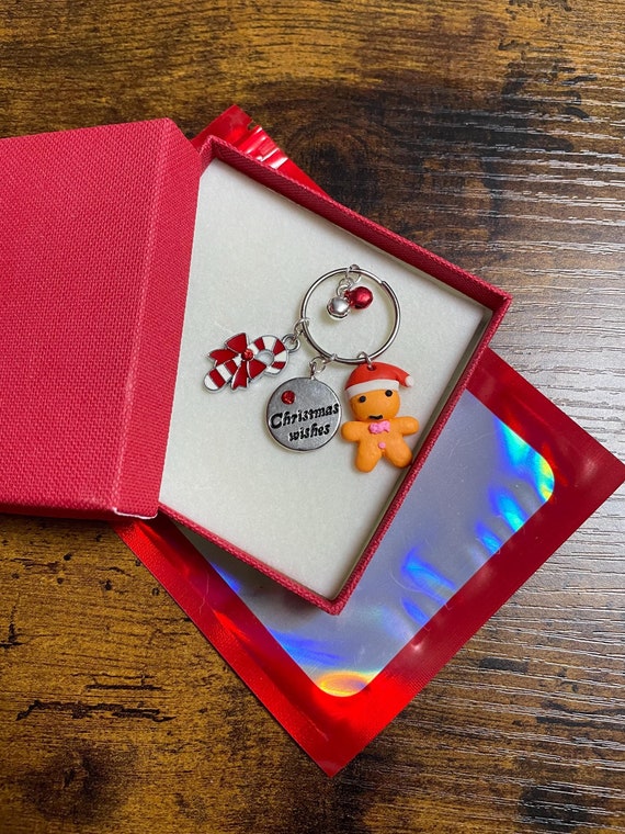 CHRISTMAS WISHES Key Ring Charm Set Gingerbread Man Candy Cane Jingle Bells Secret Santa Stocking Filler Gift Box Bag Anyone Family Keepsake