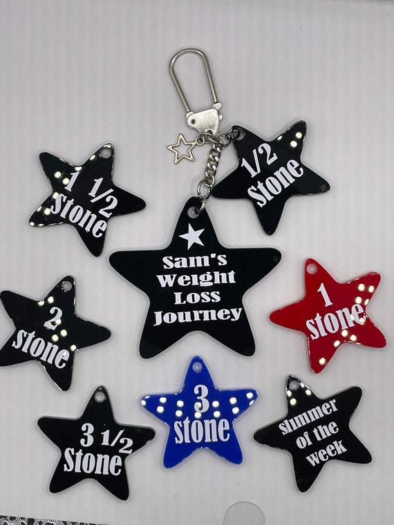 Personalised Name Vinyl Print Weight Loss Journey Key Ring Charm Set Stars Stone Award Slimming Fun Novelty Gift Boxed Slimmer Of The Week
