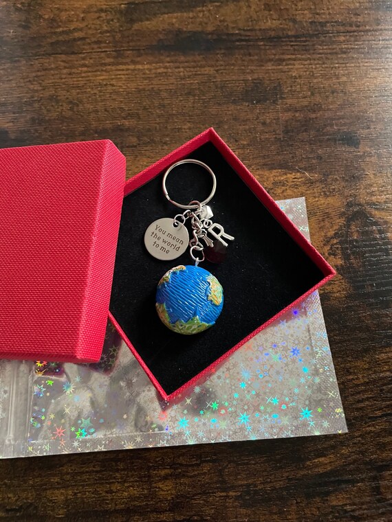 PERSONALISED Initial Charm Pendant You Mean The World To Me Key Ring Gift Set Birthday Valentine Christmas Husband Wife Partner Heart Quirky