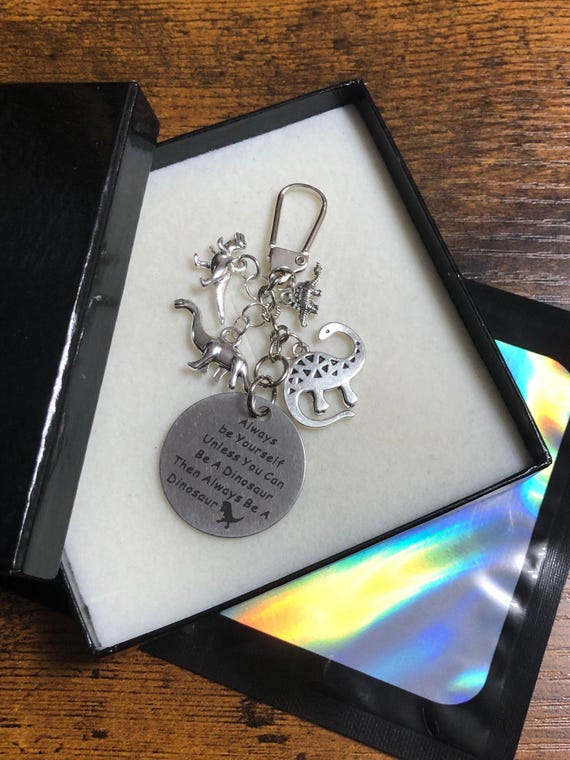 Jurassic Park Film inspired Dinosaur key ring charm keepsake gift T. rex raptor pendants fun quirky gift box any Occasion stocking filler
