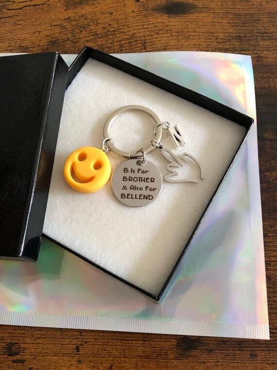 Personalised B Is For BROTHER Also BELLEND Key Charm Emoji Smiley Face Hand Gesture Initial Letter For Name Fun Novelty Keepsake Gift Box