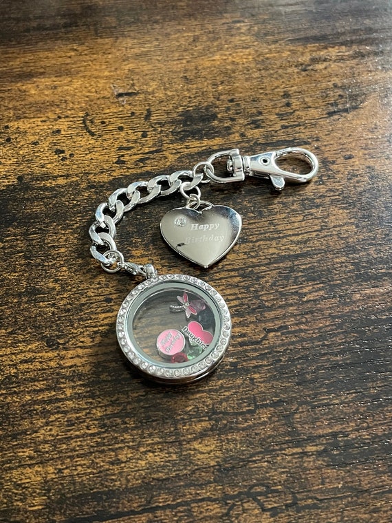 Happy Birthday Daughter memory locket key chain ring charm pendant hearts dragonfly crystals rhinestones gift box keepsake set circle