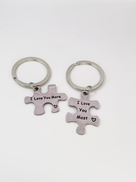 Pair Of Jigsaw Puzzle Pieces Charm Pendant Key Ring I Love You More I Love You Most Engraved Keepsake Stainless Steel Any Occasion Partner