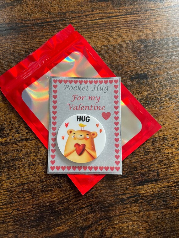 VALENTINE Acrylic Pocket Hug Large Bear Picture Carded Poem Keepsake Valentines Day Shimmer Gift Bag Secret Partner Fun Quirky Novelty