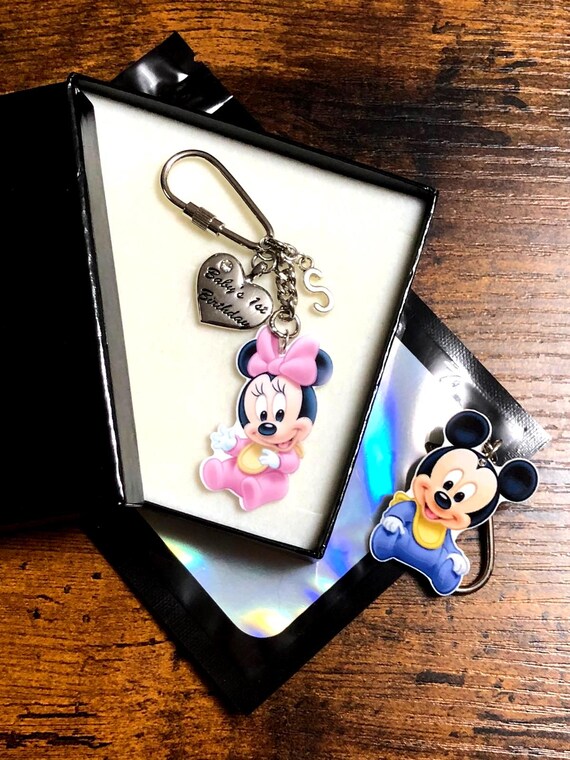 Personalised Initial Charm Baby’s First Birthday Or Happy Birthday Disney Inspired Minnie Mickey Key Charm Pendant Keepsake Gift Box Bag