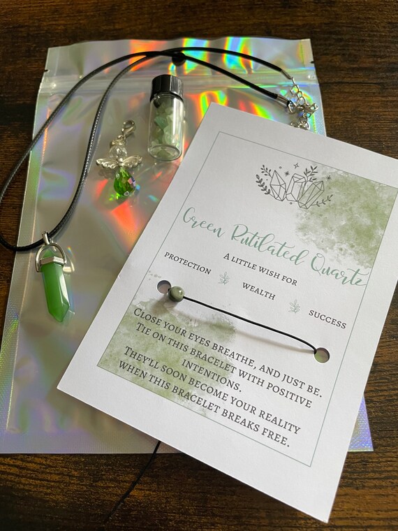 GREEN RUTILATED QUARTZ A Little Wish Set For Protection Wealth Success Crystals Angel Rocks Necklace Bracelet Gift Bag Positivity Chakra Fun