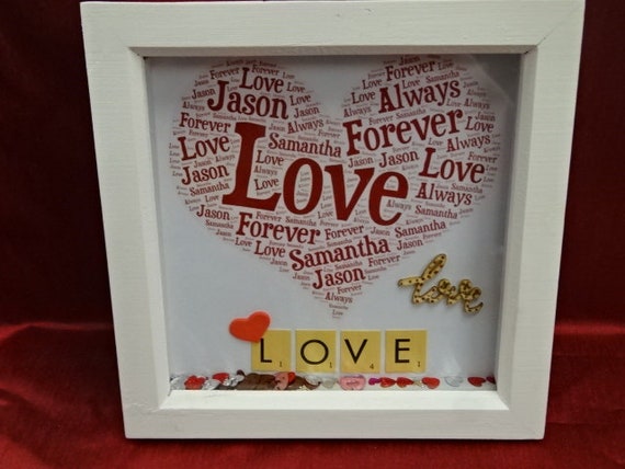 Personalised Word Art Printed Picture Frame Love Forever Boyfriend Fiancee Wife etc Valentines Birthday Own Names Scrabble Letters Hearts