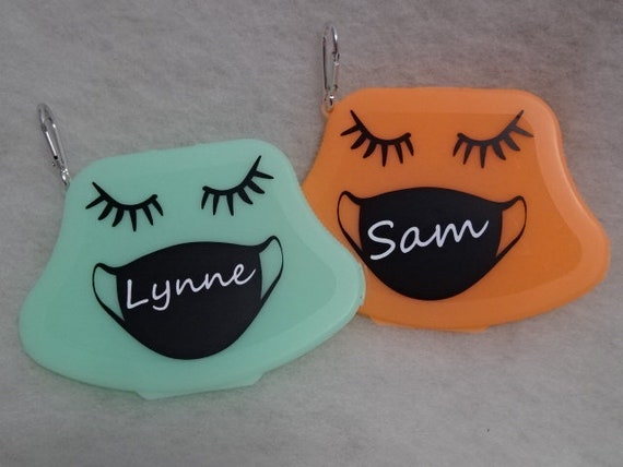 PERSONALISED face mask case with own name, keep mask clean and attach to bag jeans etc.... in two colours any mask will fit in...