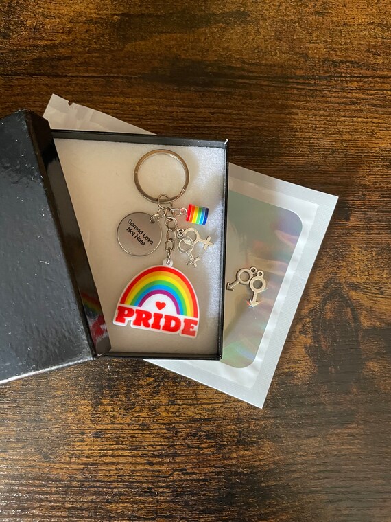 LGBTQ PRIDE Key Or Bag Charm Pendant Set Male Female Symbols Rainbow Beads Spread Love Not Hate Gift Box Gift Bag Partner Month June Quirky