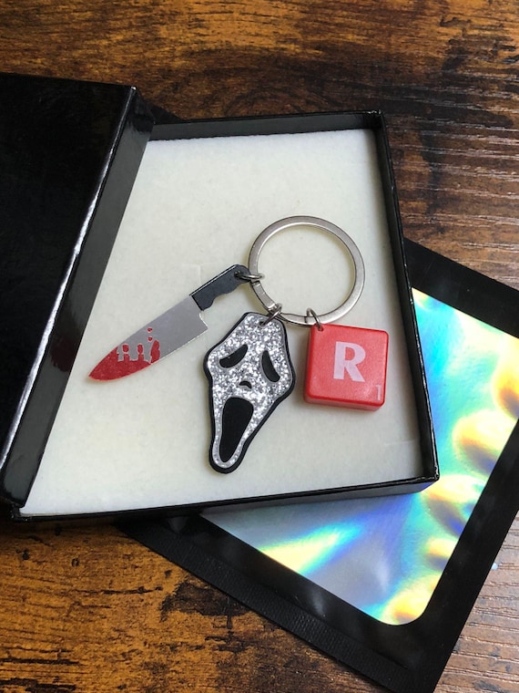 Personalised SCREAM Film Inspired Charm Scrabble Letter Charm Bloody Knife Mask Halloween Any Occasion Key Or Bag Charm Gift Box Bag Set Fun