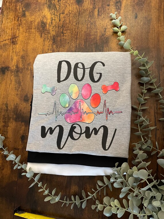 DOG MOM Vinyl Sublimated Printed T-shirt Paw Print Bones Heart Beat Pet Lover Fun Novelty Quirky Birthday Mothers Day Animal Lover Rainbow