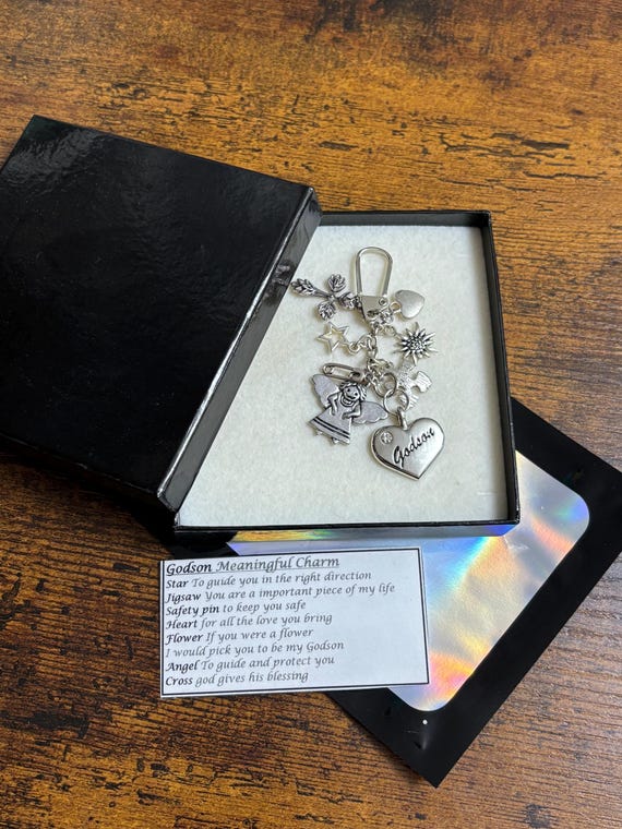 Meaningful Keepsake For Godson Any Occasion key ring Charm Gift Box Rhymes Cross Angel Heart Square or Heart Charm Christening Xmas Birth