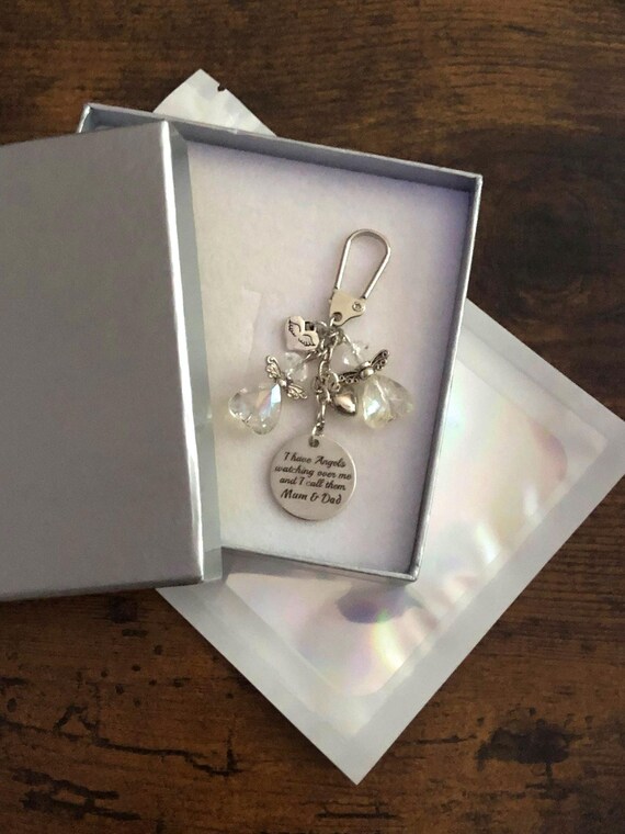 I have angels watching over me and i call them MUM & DAD keepsake keyring bag charm clear angel fairy’s hearts memory gift gift boxed
