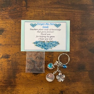 INSEGNANTE Grazie Non ti scordar di me Fiore Coltiva SEMI e BLU Portachiavi Anello Ciondolo con ciondolo Strass Mela Stella Perline Borsa scintillante e busta