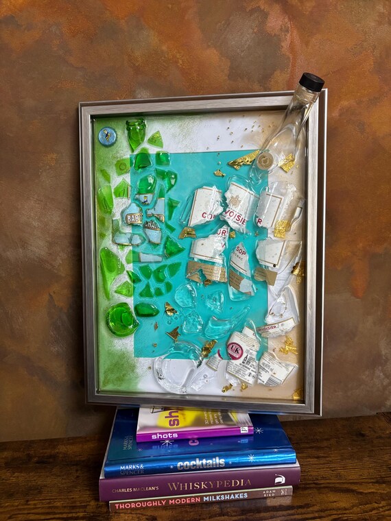 Brandy And Babycham Smashed Broken Bottles Silver Framed Wall Art Glitter Unique One A Kind Quirky Unique Keepsake 3d Style Green Clear Fun