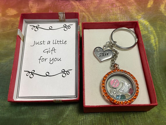 Memory locket 21st key ring or bag charm keepsake set heart stars diamonds happy birthday charms gift boxed with own message inside box lid