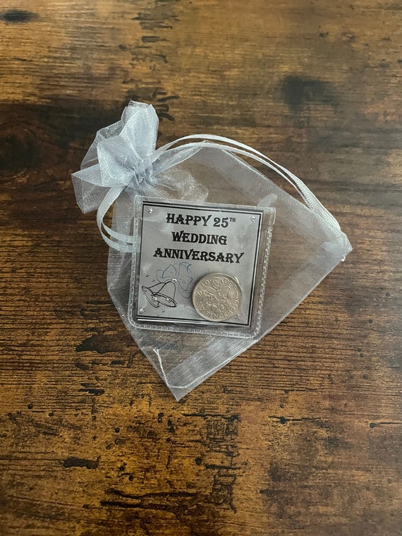 Happy 25th SILVER Wedding Anniversary Lucky English Old Sixpence Coin Keepsake Wallet Purse Bells White Silver Card Quirky Gift Organza Bag