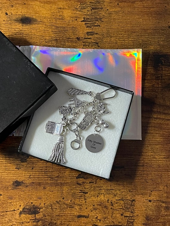 Film Fifty 50 Shades Of GREY Inspired Key Ring Bag Charm Keepsake Gift Lap Top Tassel Piano Helicopter Tie Beads Graduation Hand Cuffs Fun