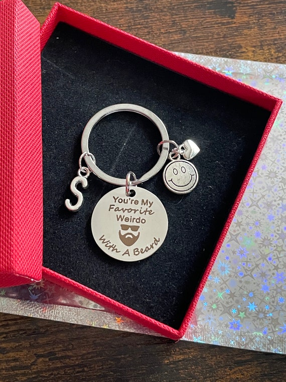 PERSONALISED Initial Charm Pendant You’re My Favorite Weirdo With A Beard Key Ring Charm Gift Set Smiley Face Hearts Birthday Fun Novelty