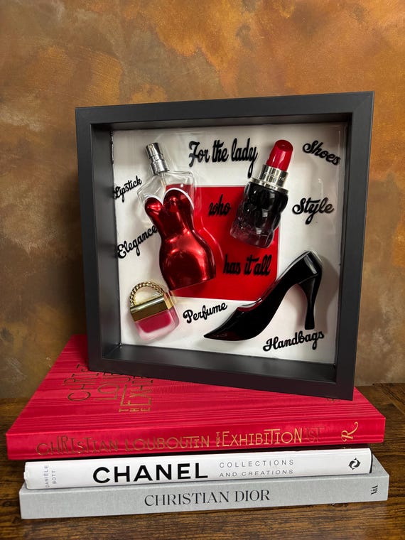 Elegant Pretty Mixed Empty Perfume Bottles Resin Made Framed Wall Art For The Lady Who Has It All Lipstick Shoe Handbag Body Shapes Style