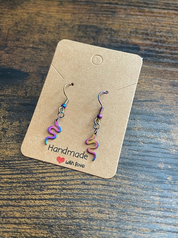 RAINBOW Style Stainless Steel Snakes Pair Of Earrings Fun Novelty Gift Boxed Bag Dangle Drop Colour Changing Present Birthday Secret Santa