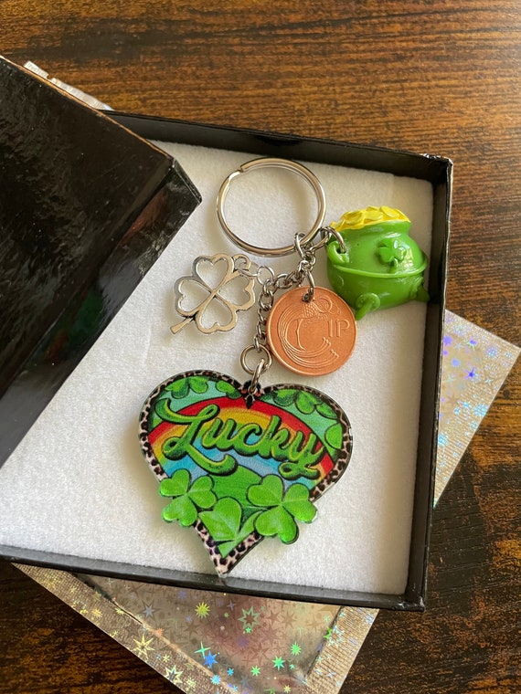 Lucky Irish Penny Coin Key Charm Pot Of Gold Shamrock Clover St Patricks Day Birthday Irish Good Luck Bingo Quirky Keepsake Gift Box Bag Set