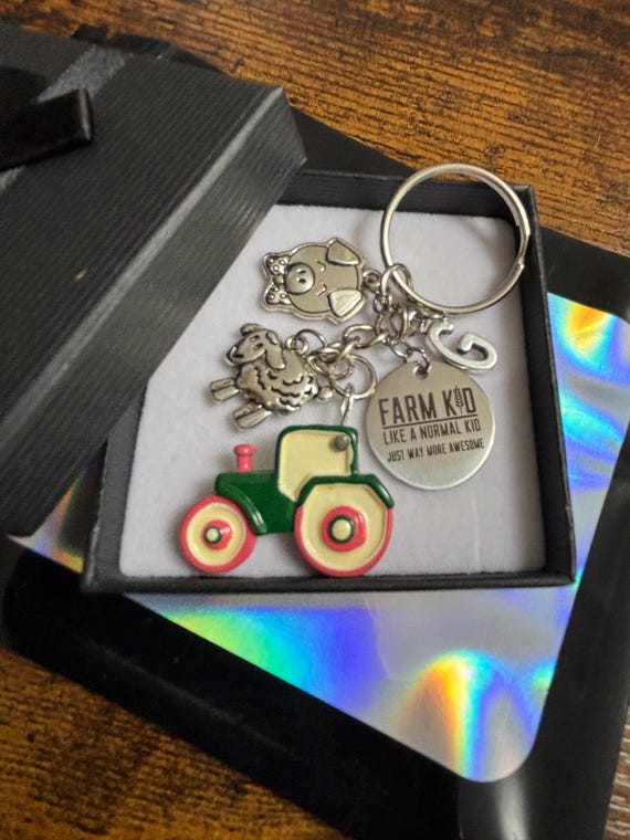 Personalised Initial letter Farm Kid Keyring Charm Set Animals Tractor Like A Normal Kid Just Way More Awesome Farmer Birthday Gift Box Bag