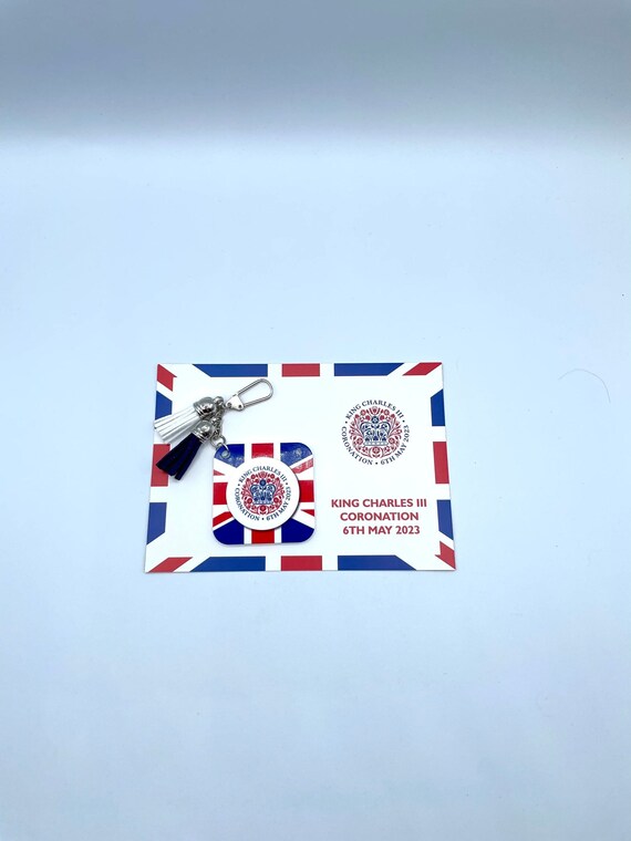 KING CHARLES 111 Key Ring Souvenir 2023 May Charm Bag Pendant SQUARE Union Jack Flag Picture Shape Keepsake Gift Card Coronation Celebration