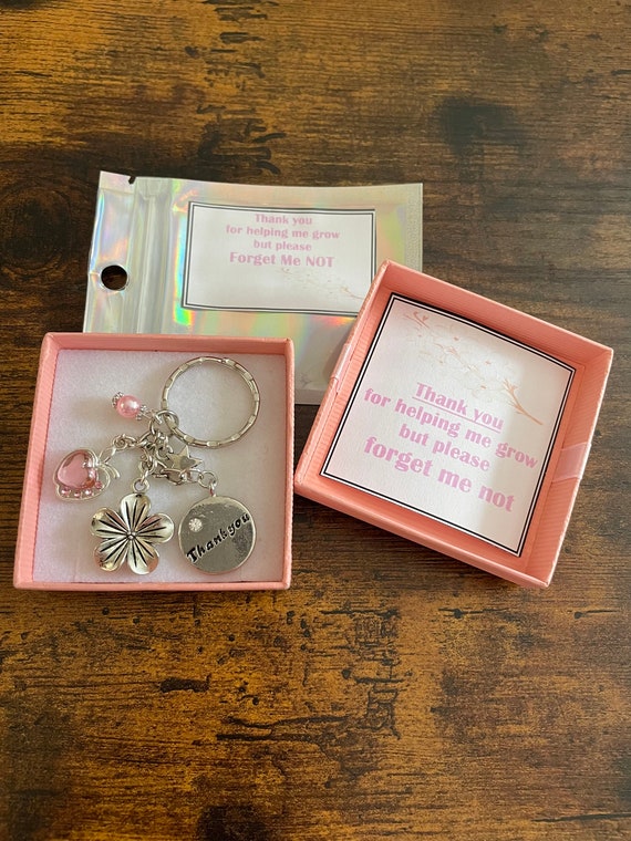 TEACHER Nursery Best Super Assistant Thank You Forget Me Not Flower PINK Key Bag Ring Charm Pendant Rhinestone Apple Star Beads Shimmer Bag