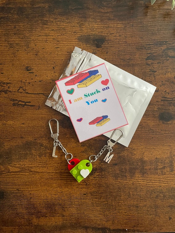 Personalised Initial Letter And LEGO HEART Two Keyring’s Charm Keepsake Set Small Heart Attached Birthday Any Occasion Lovers Partner Quirky